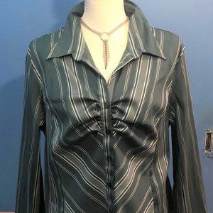 Metallic Striped Blouse ~ Long Sleeves ~ Collared ~ Forest Green ~ Button Front